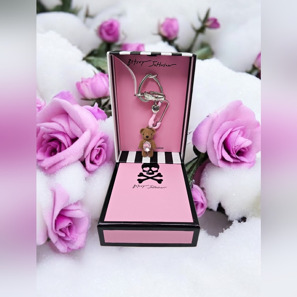 NiB Betsey Johnson Teddy Bear Bag Charm Keychain Pink & Brown